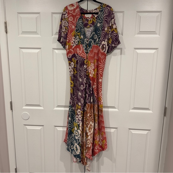 NWOT By Anthropologie Short-Sleeve V-Neck Button-Front Multicolor Midi Dress 14 - Picture 6 of 15